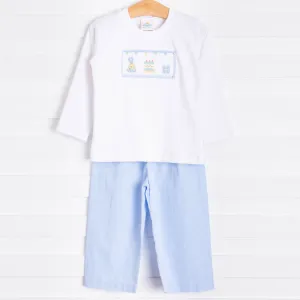 Birthday Smocked Pant Set, Blue Gingham