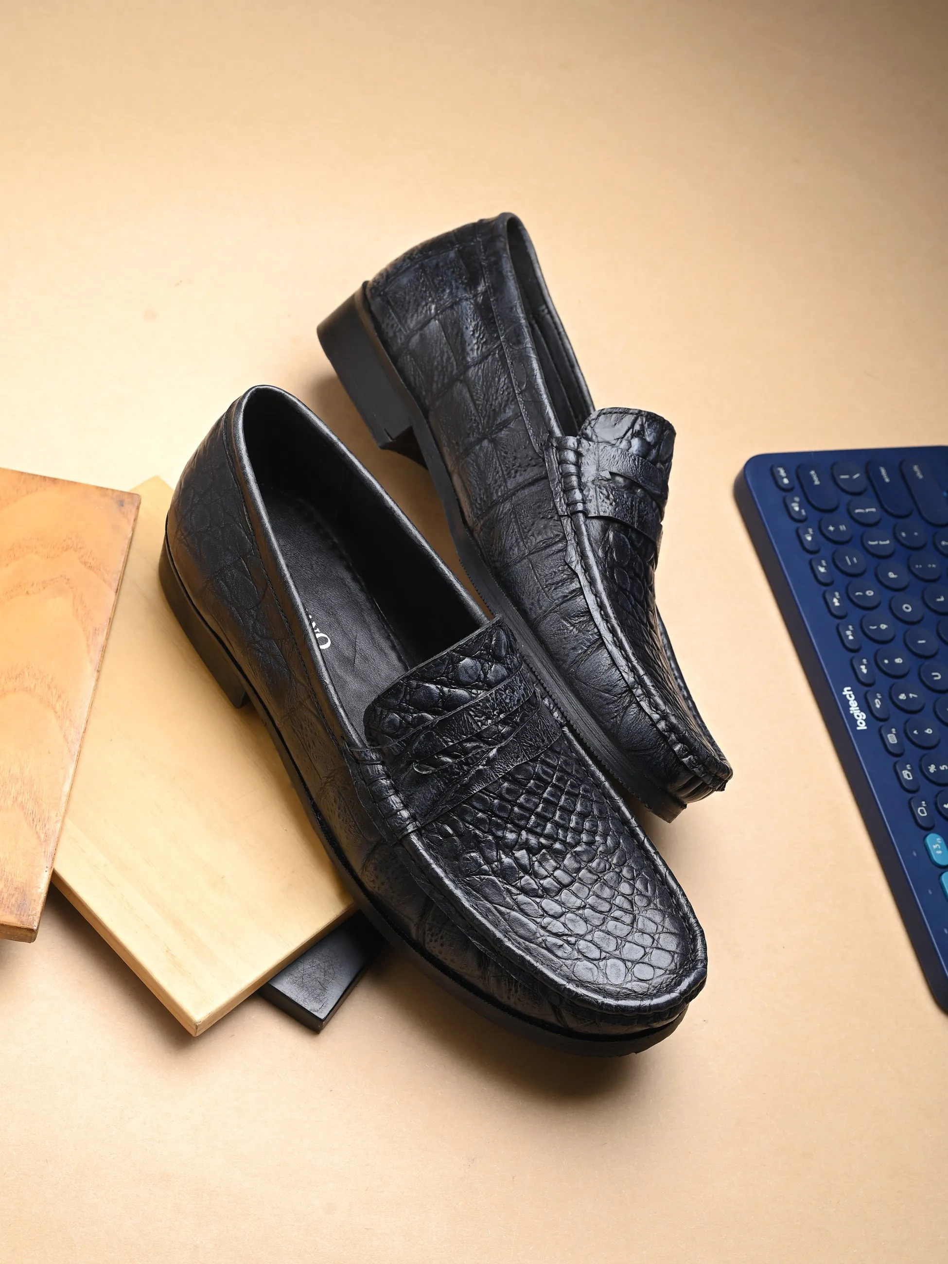 CARLO ROMANO BROWN COLOR CROCODILE PRINTED LEATHER  MOCCASIN SHOES FOR MEN