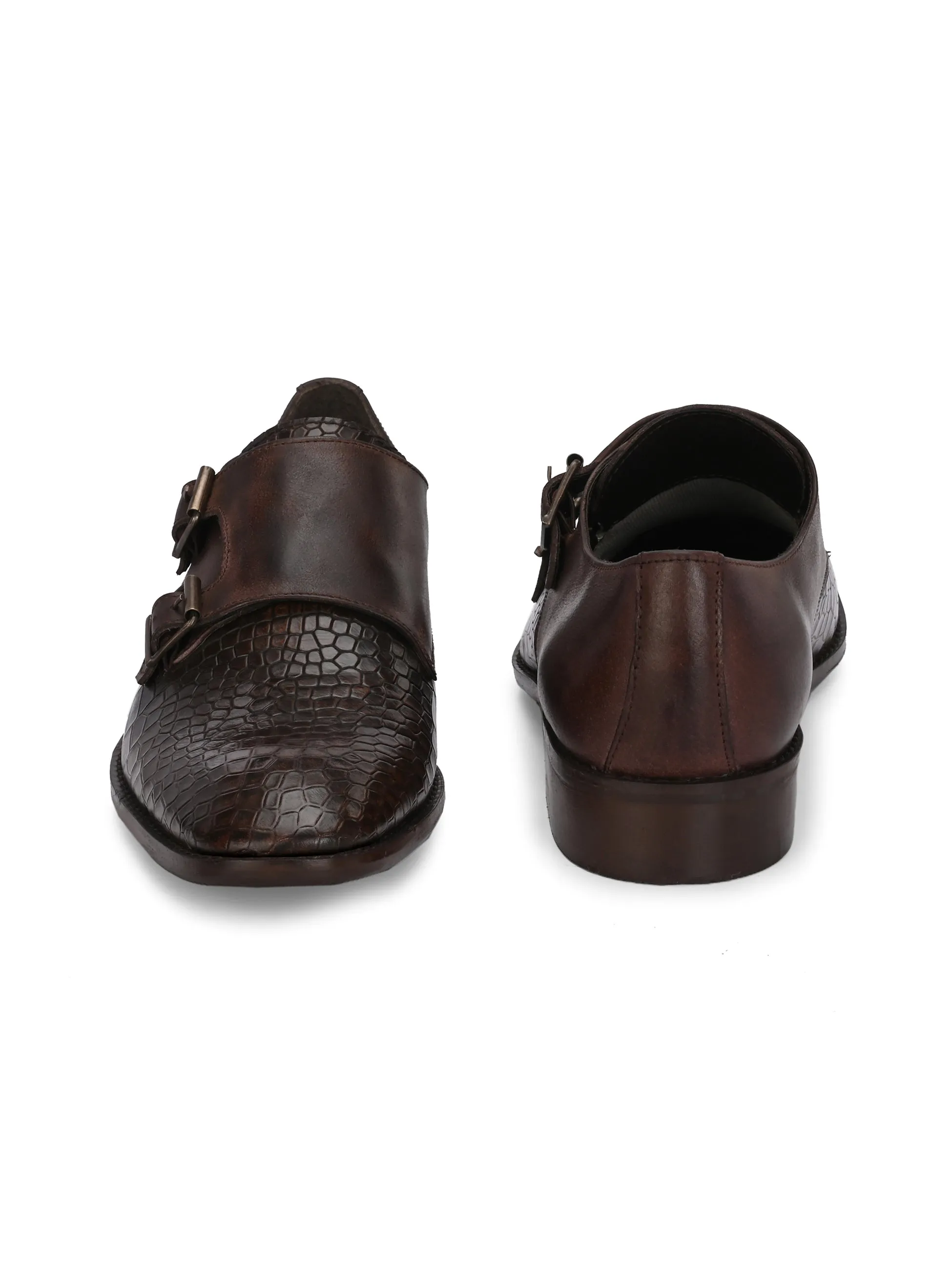 CARLO ROMANO BROWN COLOR PREMIUM RANGE ITALIAN CROCODILE AND PLANE PRINTED LEATHER MONK SHOE FOR MEN