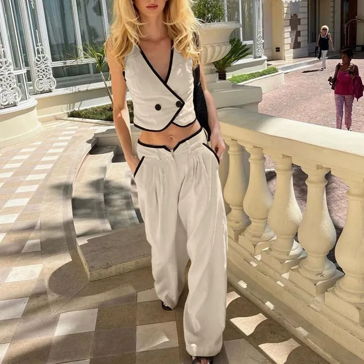 Chic Contrast Trim Sleeveless Vest and Wide-Leg High-Waist Pants Set