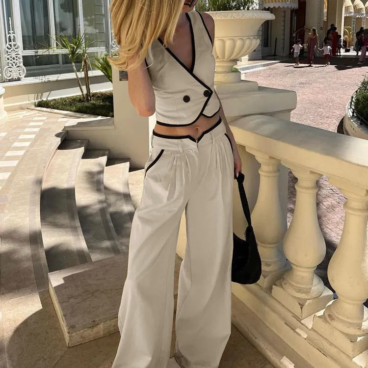 Chic Contrast Trim Sleeveless Vest and Wide-Leg High-Waist Pants Set