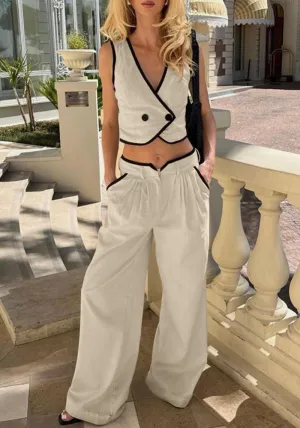 Chic Contrast Trim Sleeveless Vest and Wide-Leg High-Waist Pants Set
