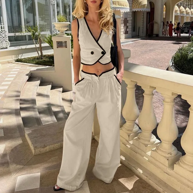 Chic Contrast Trim Sleeveless Vest and Wide-Leg High-Waist Pants Set