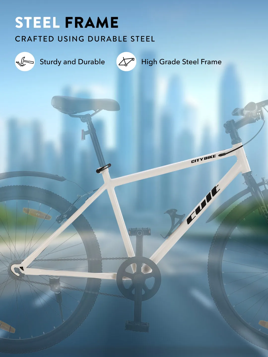 City Bike Steel Frame Single Speed Cycle 26 inch with Single Wall Rim, Rigid Fork,V Brakes, Free Trainer Sessions & Cycling Event, White