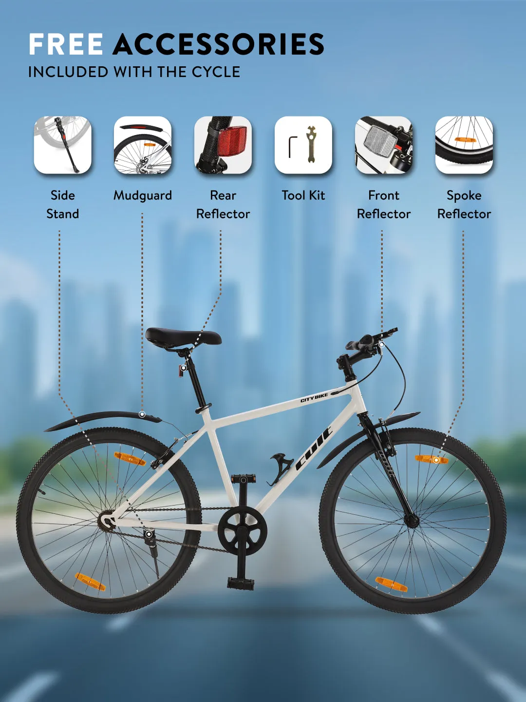City Bike Steel Frame Single Speed Cycle 26 inch with Single Wall Rim, Rigid Fork,V Brakes, Free Trainer Sessions & Cycling Event, White