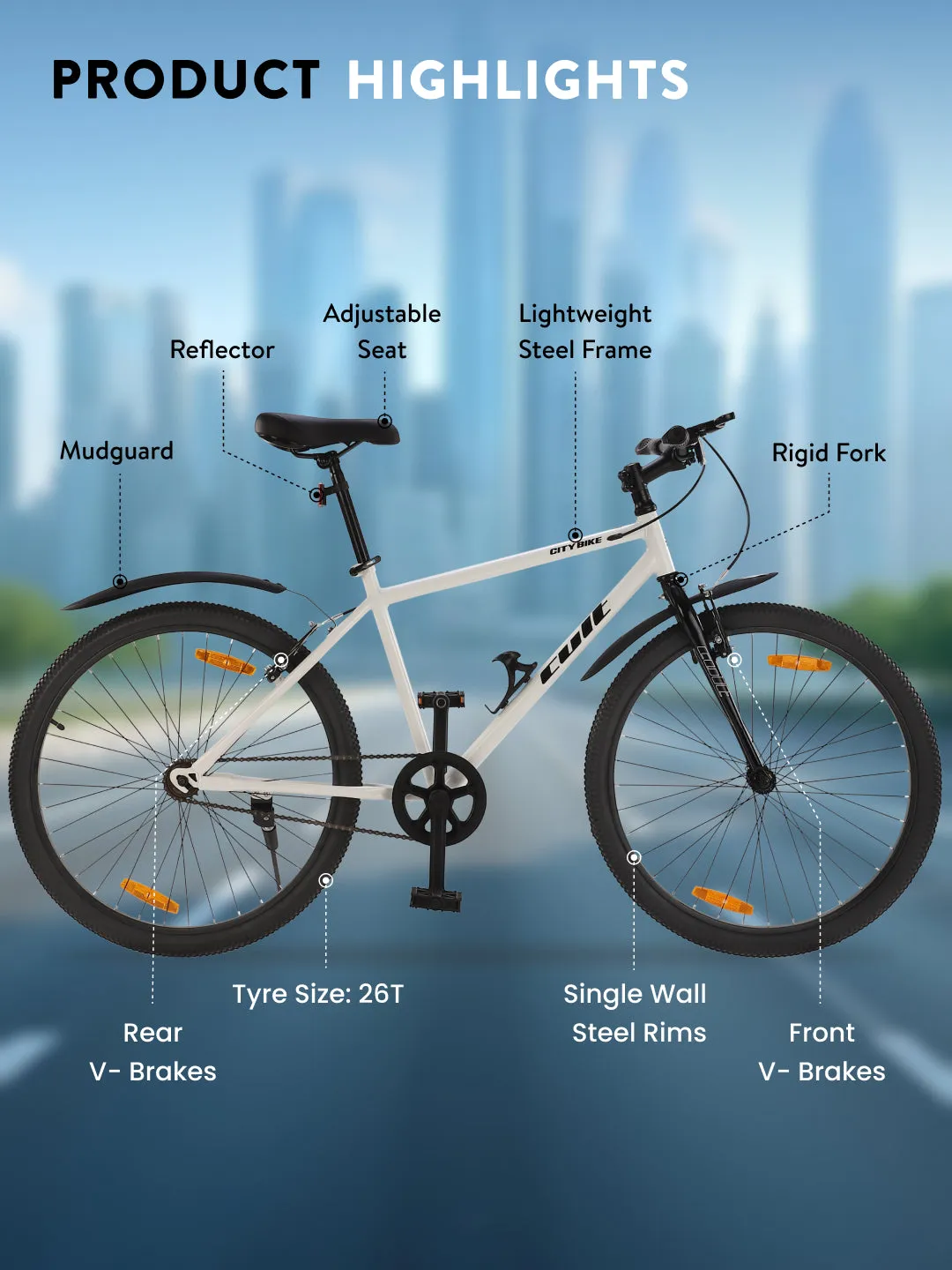 City Bike Steel Frame Single Speed Cycle 26 inch with Single Wall Rim, Rigid Fork,V Brakes, Free Trainer Sessions & Cycling Event, White