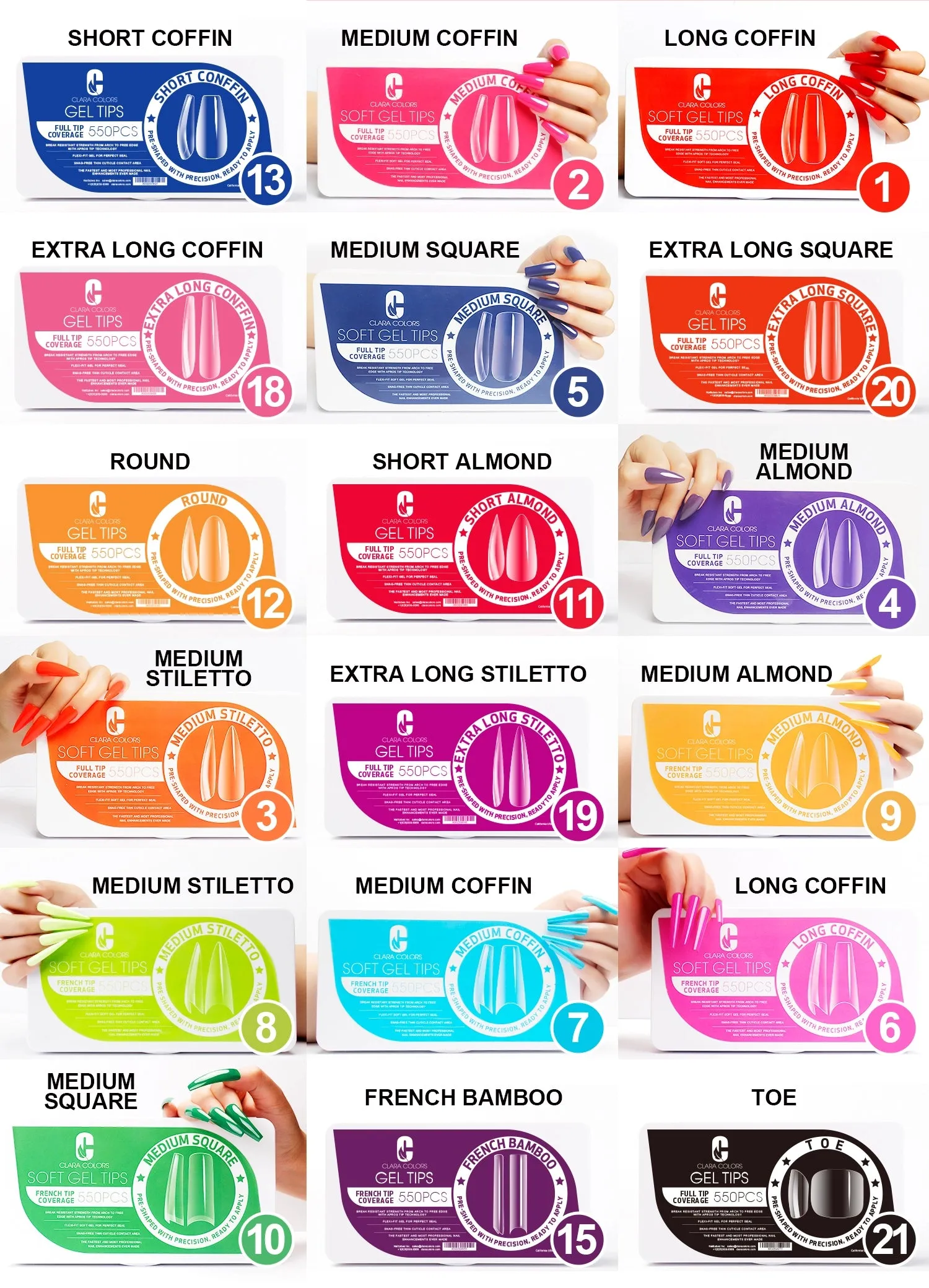 Clara Color - Full Cover Gel Tips - #18 Extra Long Coffin 550pcs