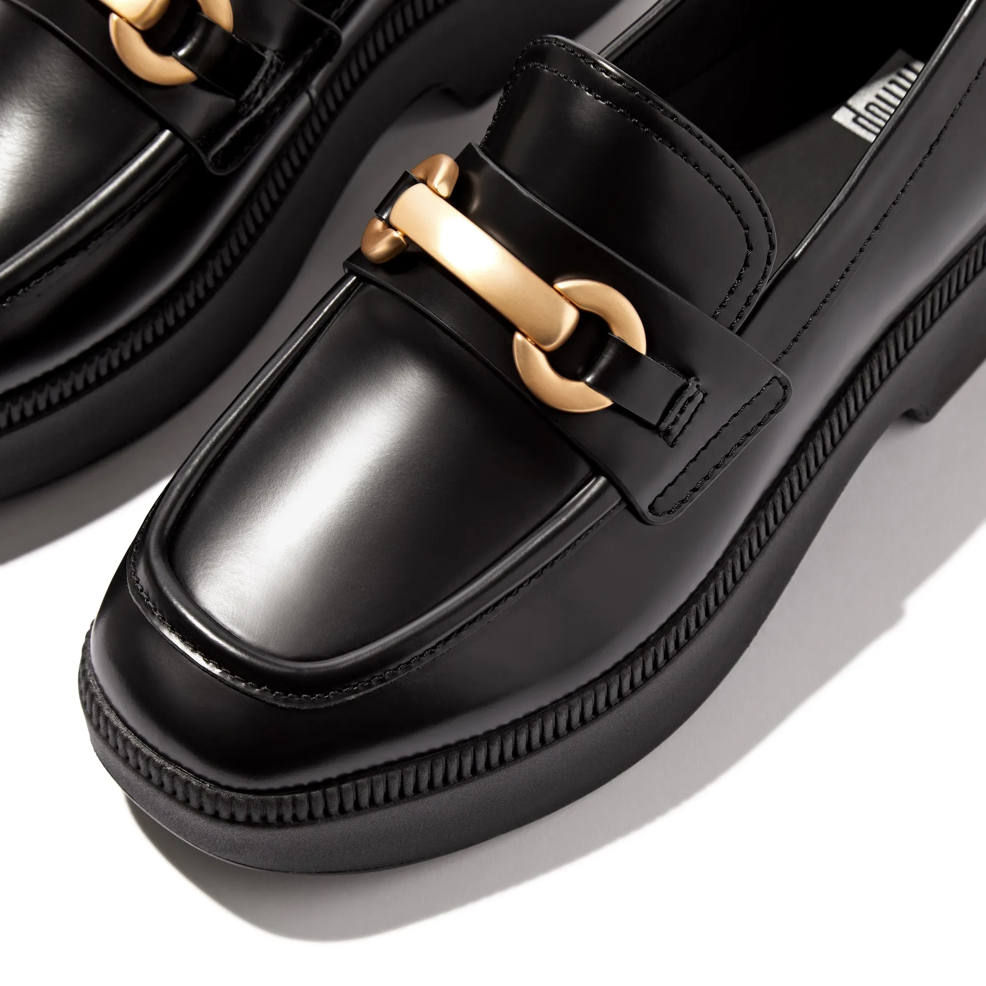 F-Luma Chunky-Snaffle Leather-Box Demi-Wedge Loafers in Black