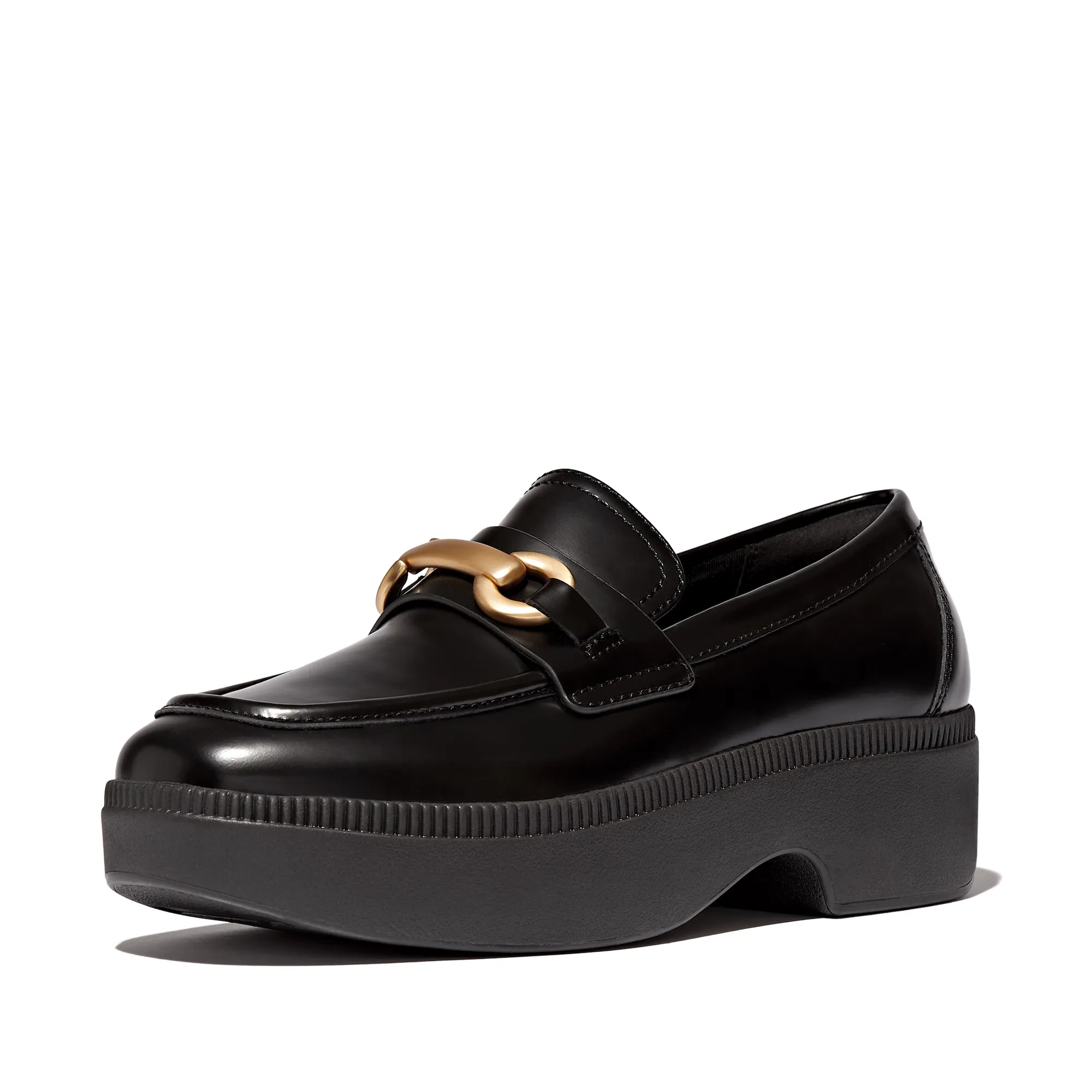 F-Luma Chunky-Snaffle Leather-Box Demi-Wedge Loafers in Black