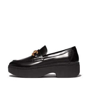 F-Luma Chunky-Snaffle Leather-Box Demi-Wedge Loafers in Black