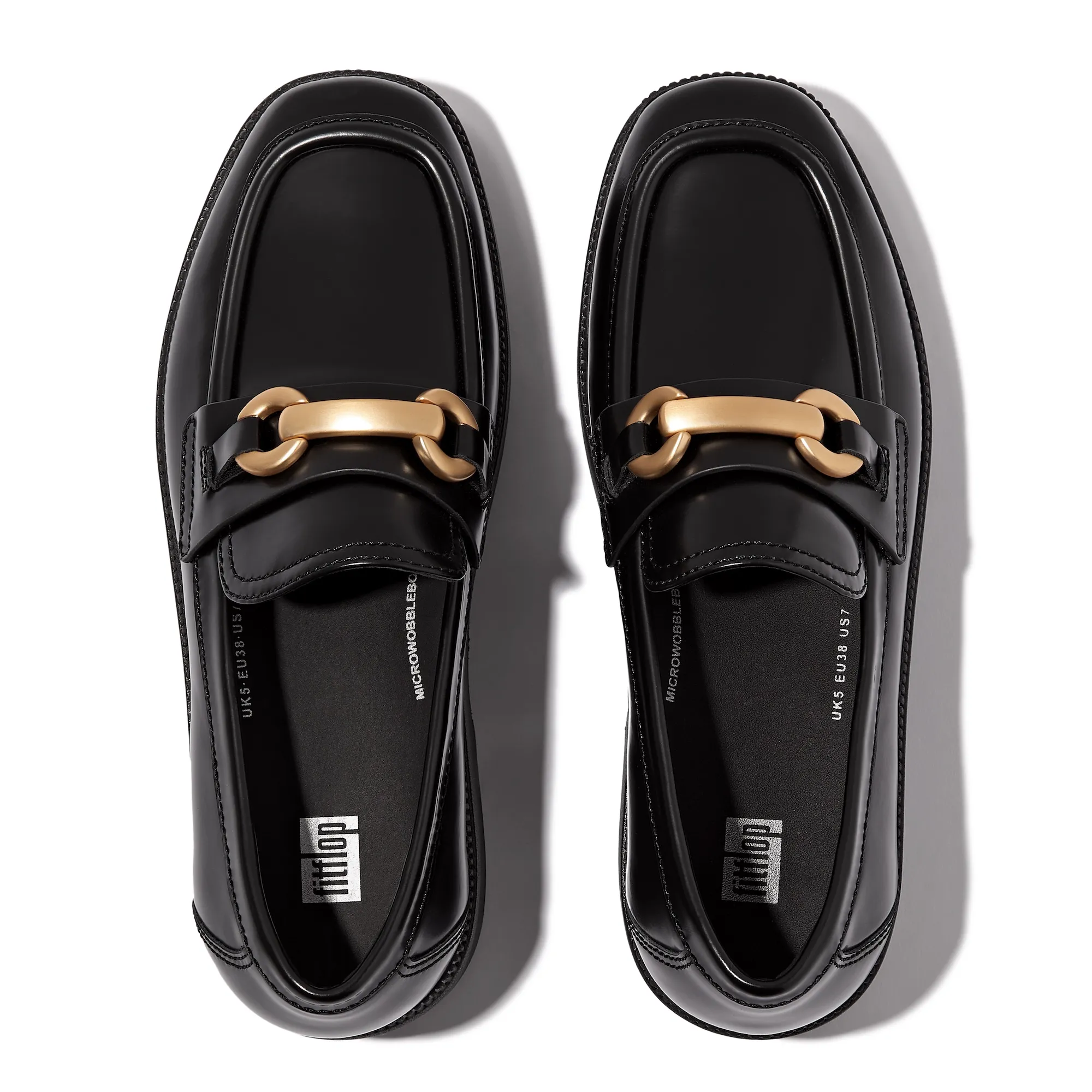 F-Luma Chunky-Snaffle Leather-Box Demi-Wedge Loafers in Black