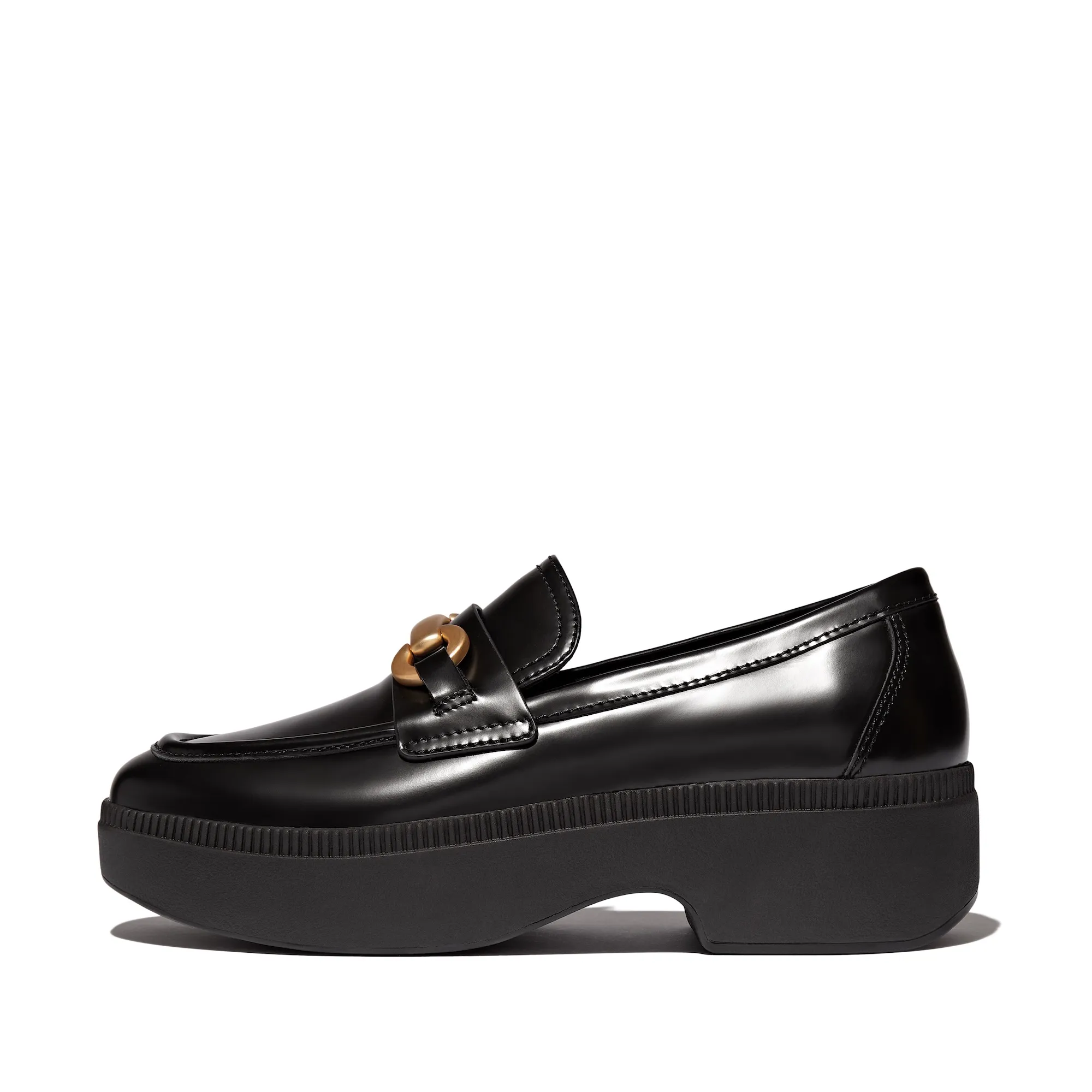 F-Luma Chunky-Snaffle Leather-Box Demi-Wedge Loafers in Black