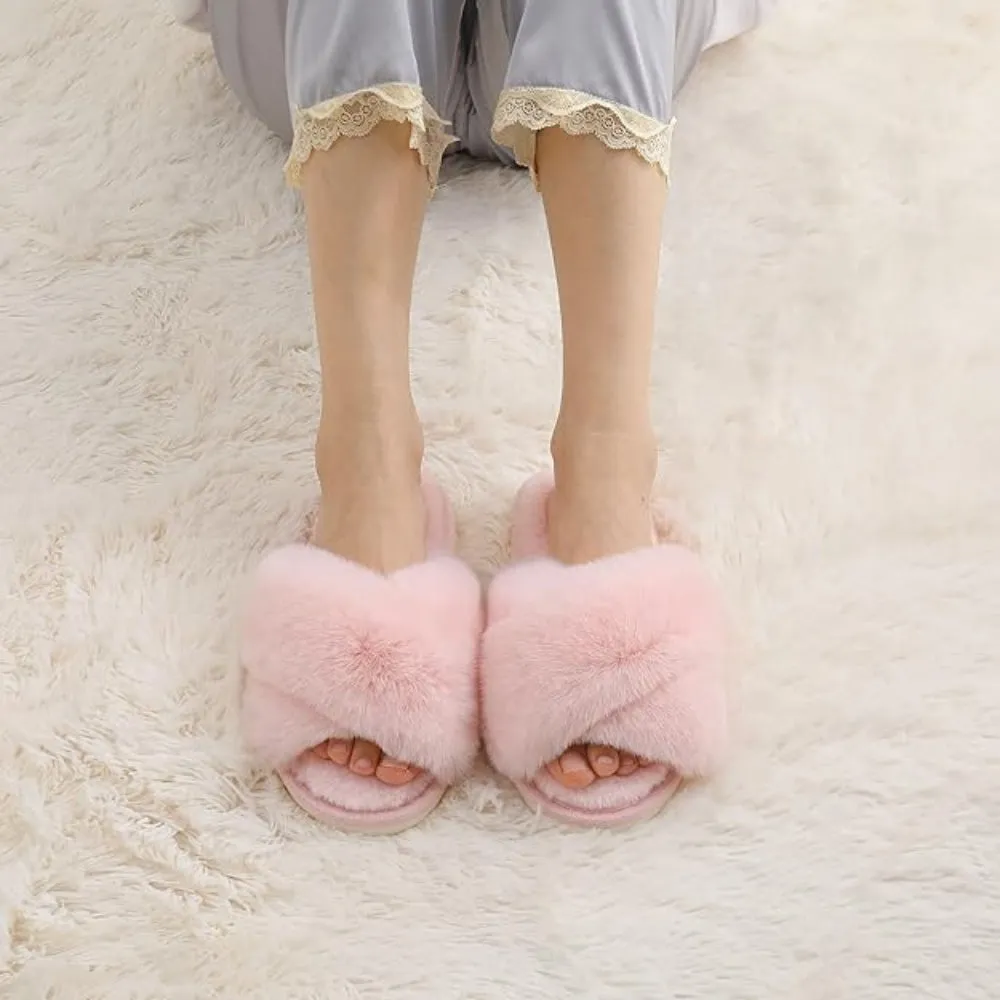 Fuzzy Cross-Band House Slippers – Soft And Supportive Comfort