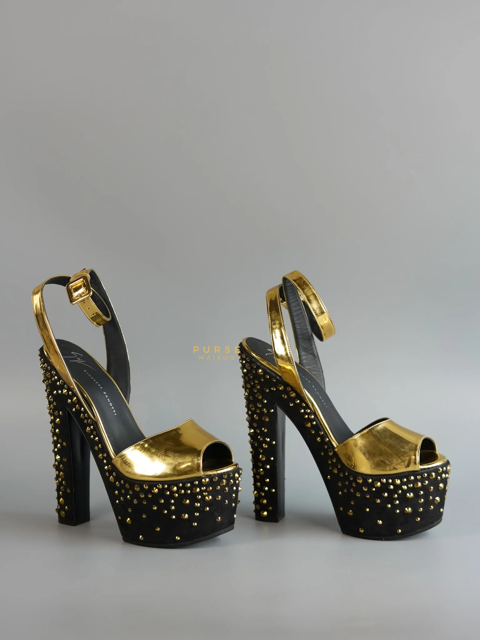 Gold Platform Crystal Stud Chunky Block Heel Sandals Women size 38 (23.9cm)