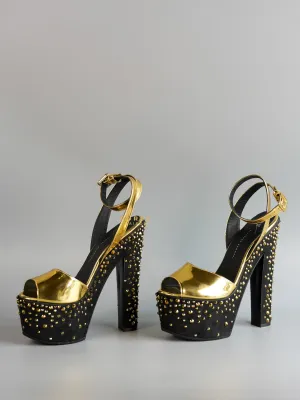Gold Platform Crystal Stud Chunky Block Heel Sandals Women size 38 (23.9cm)