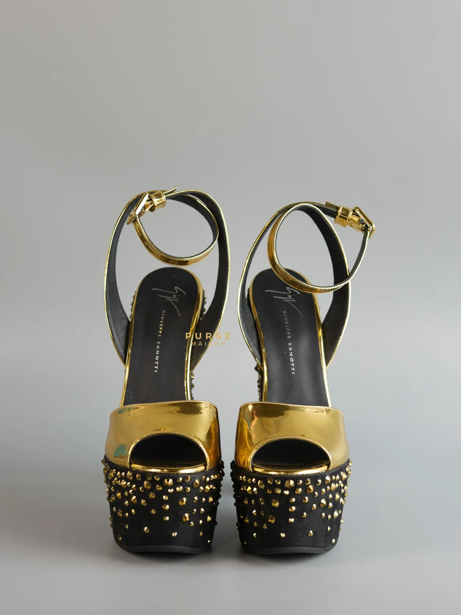 Gold Platform Crystal Stud Chunky Block Heel Sandals Women size 38 (23.9cm)