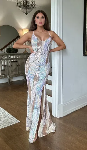 Helena Cream Print Formal With Slit