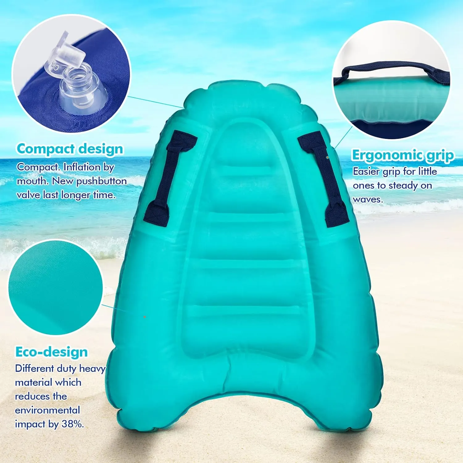 Inflatable Body Board with Handles - Lightweight Floatation Aid for Swimming, Beach Safety & Summer Fun | Portable Swim Trainer for All Ages, Pool Lake or Ocean Splash Play Toy