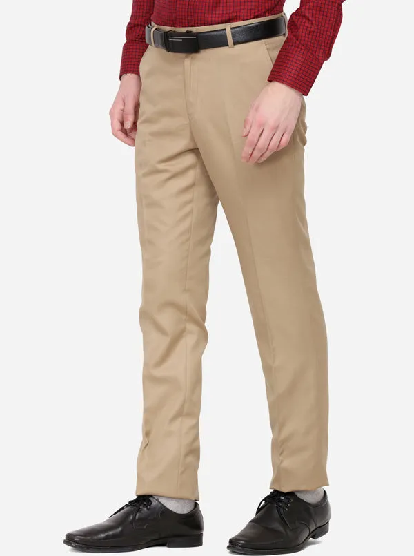 Khaki Solid Slim Fit Formal Trouser | Greenfibre