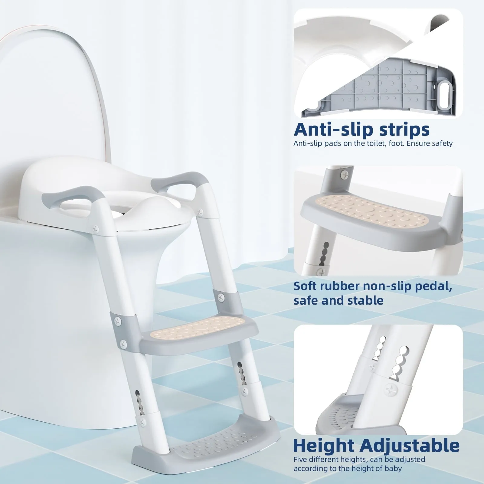 KORIMEFA Baby Potty Training Seat, Potty Toilet Seat, Foldable Toddler Toilet Potty Chair, Toilet Trainer Seat with Anti-Slip Pads Ladder for Boys Girls Kids, Grey