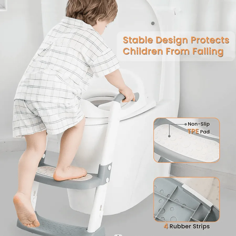 KORIMEFA Baby Potty Training Seat, Potty Toilet Seat, Foldable Toddler Toilet Potty Chair, Toilet Trainer Seat with Anti-Slip Pads Ladder for Boys Girls Kids, Grey