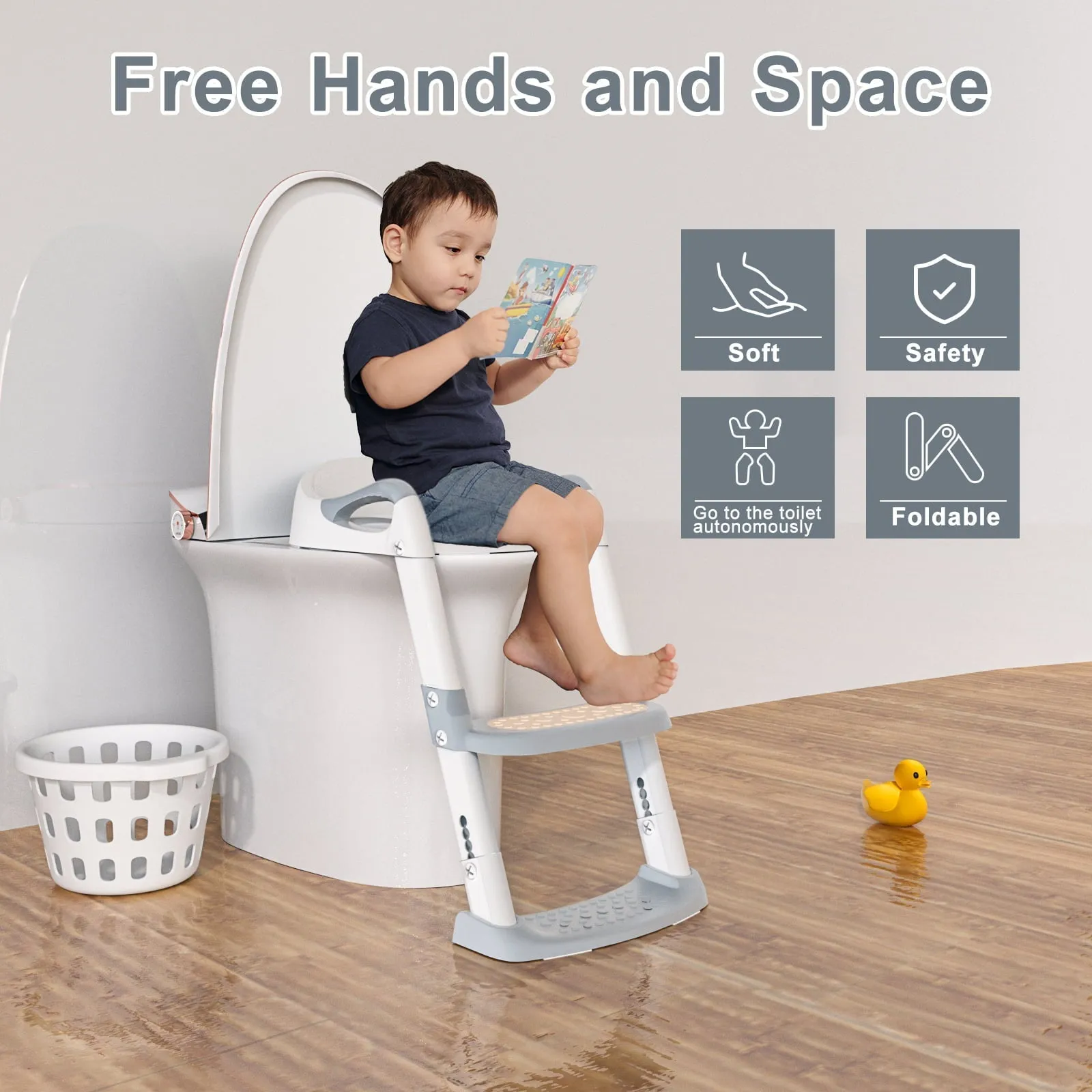 KORIMEFA Baby Potty Training Seat, Potty Toilet Seat, Foldable Toddler Toilet Potty Chair, Toilet Trainer Seat with Anti-Slip Pads Ladder for Boys Girls Kids, Grey