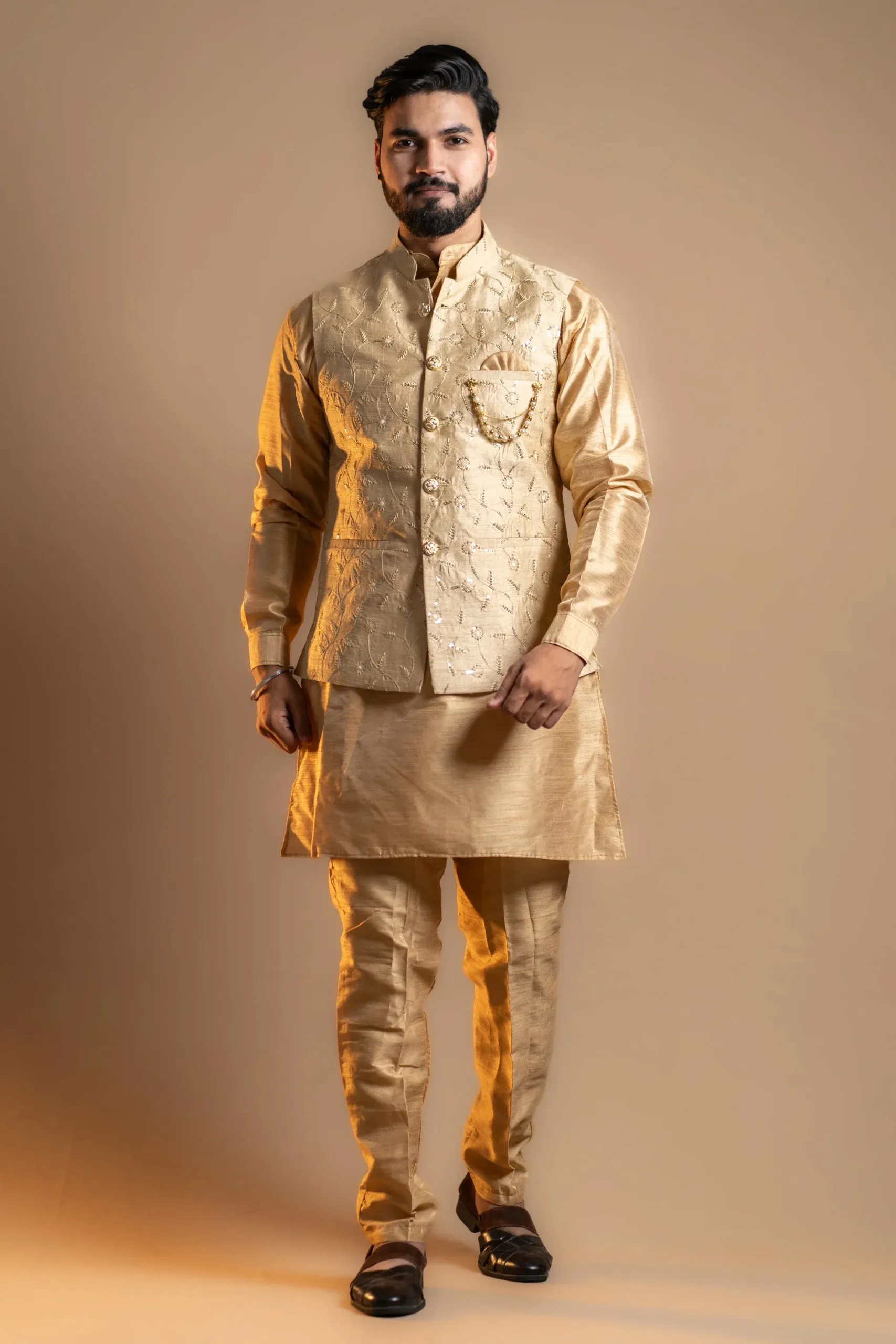 Light Beige Kurta-pajama Set with Koti for Men