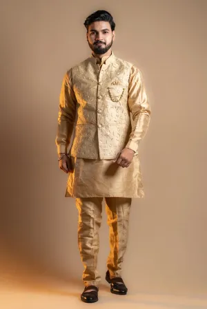 Light Beige Kurta-pajama Set with Koti for Men