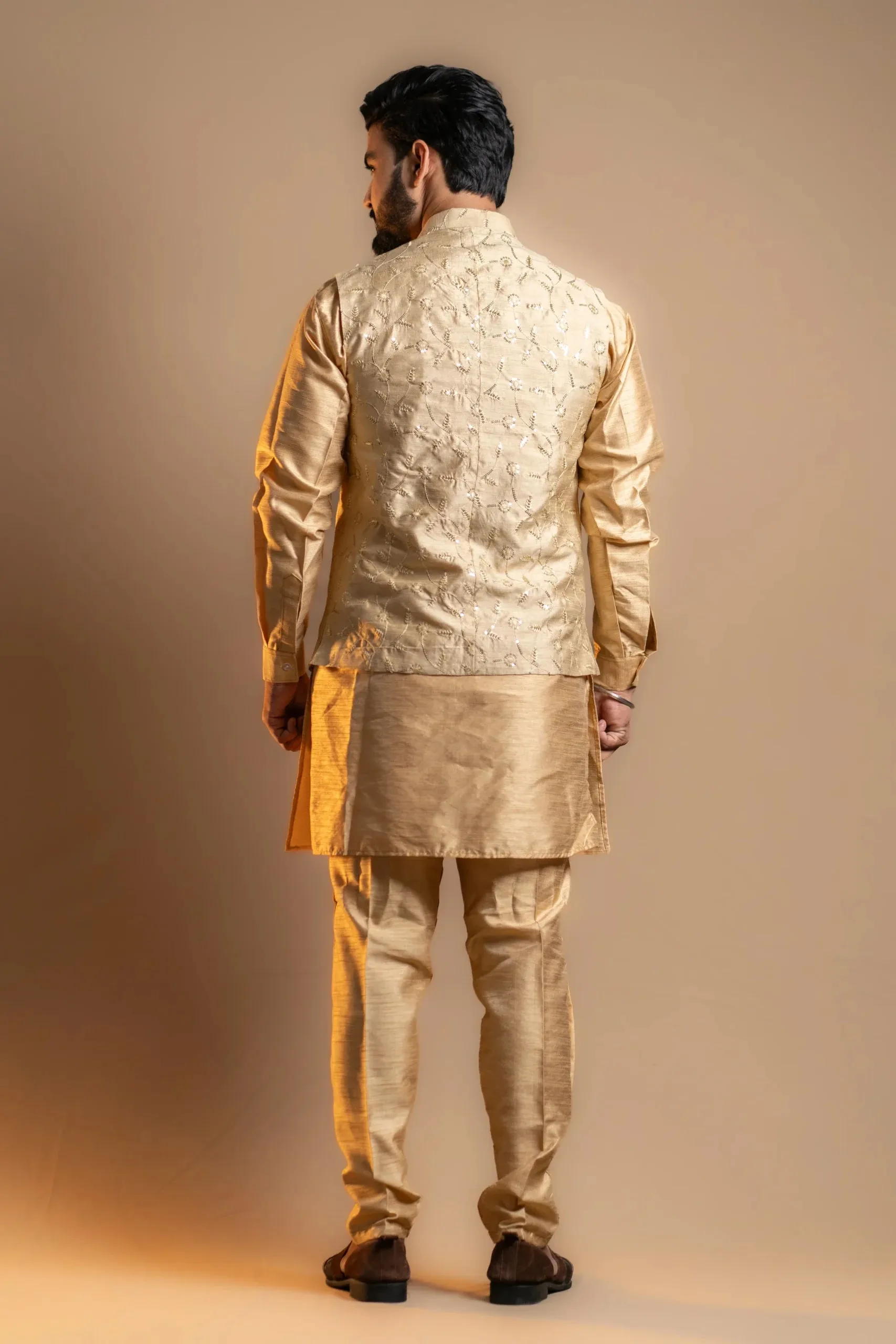 Light Beige Kurta-pajama Set with Koti for Men