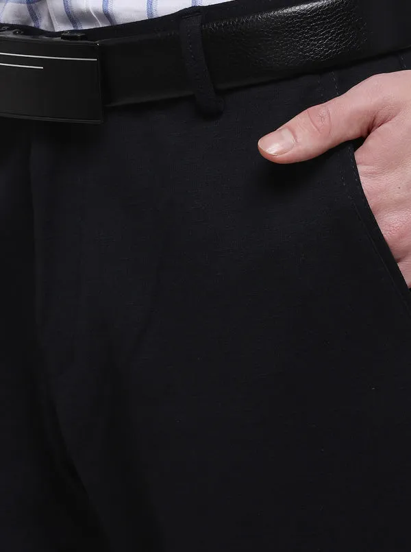 Navy Blue Solid Slim Fit Formal Trouser | JB Studio