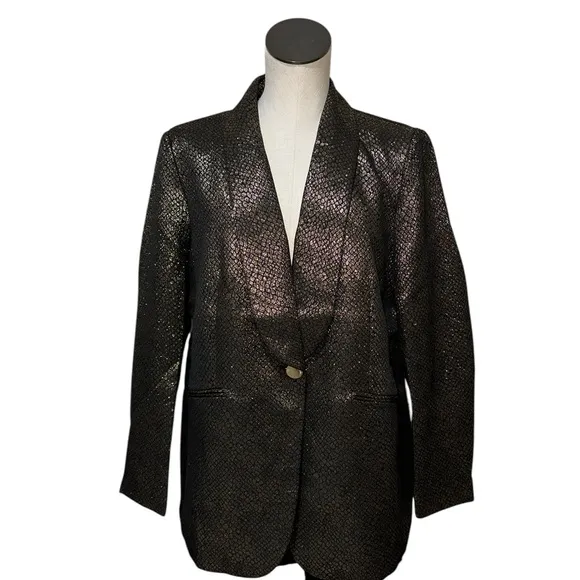 NWT Anne Klein Gold Metallic Snake Skin Print  One Button Blazer Black