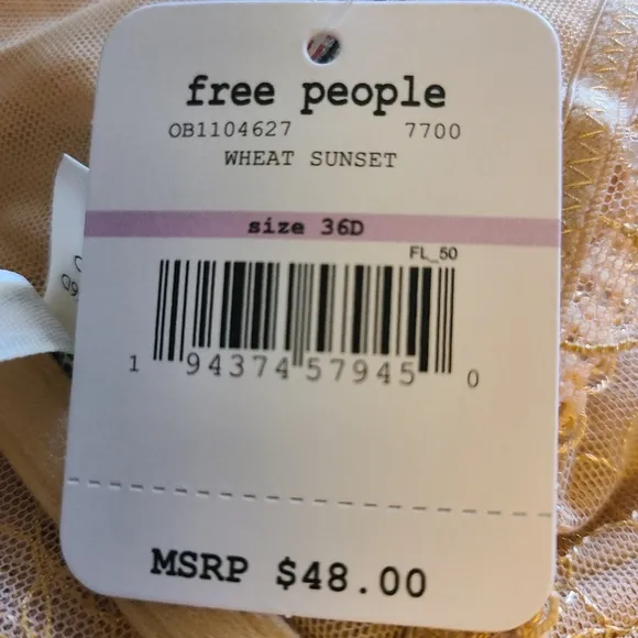 NWT Free People Lucia Size 36D Sheer Lace Underwire Lace Bra Wheat Sunset Gold