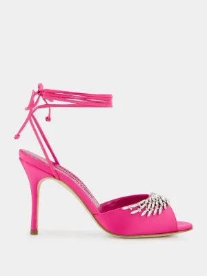 Plumena 90 Crystal-Embellished Satin Lace-Up Pink Sandals