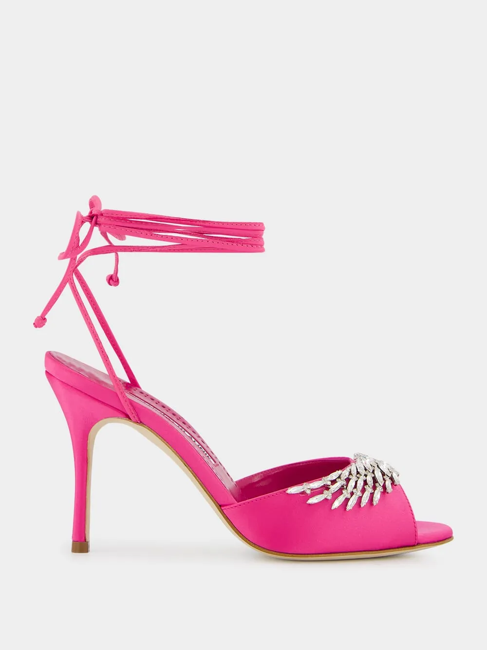 Plumena 90 Crystal-Embellished Satin Lace-Up Pink Sandals