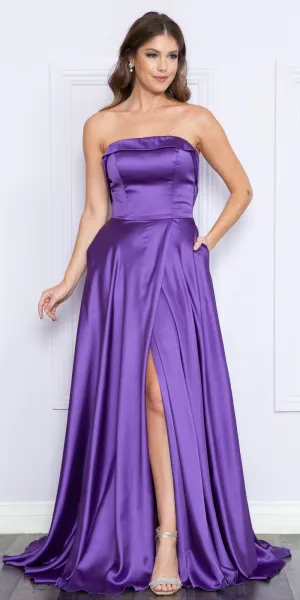 Poly USA 9188 Long Strapless A-Line Satin Gown with Pockets Corset Back