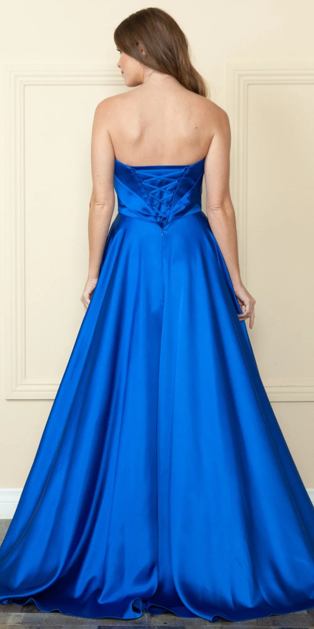 Poly USA 9188 Long Strapless A-Line Satin Gown with Pockets Corset Back