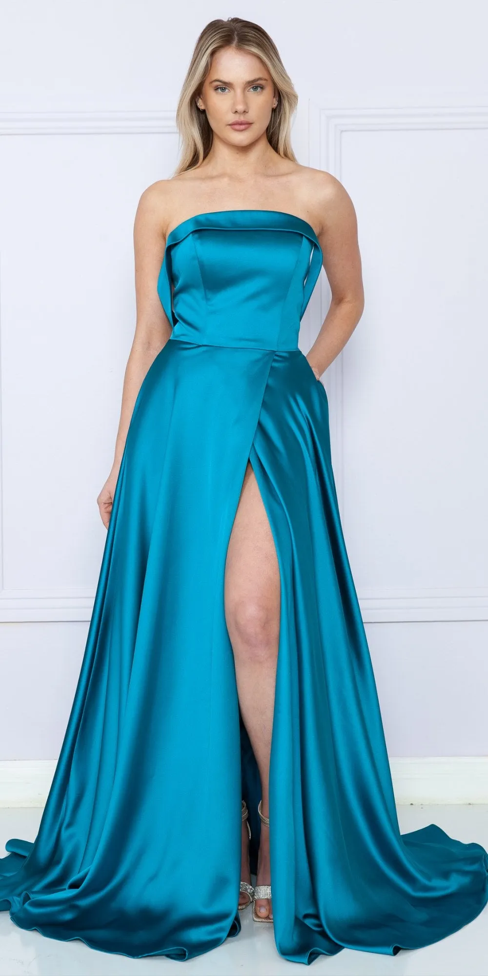 Poly USA 9188 Long Strapless A-Line Satin Gown with Pockets Corset Back