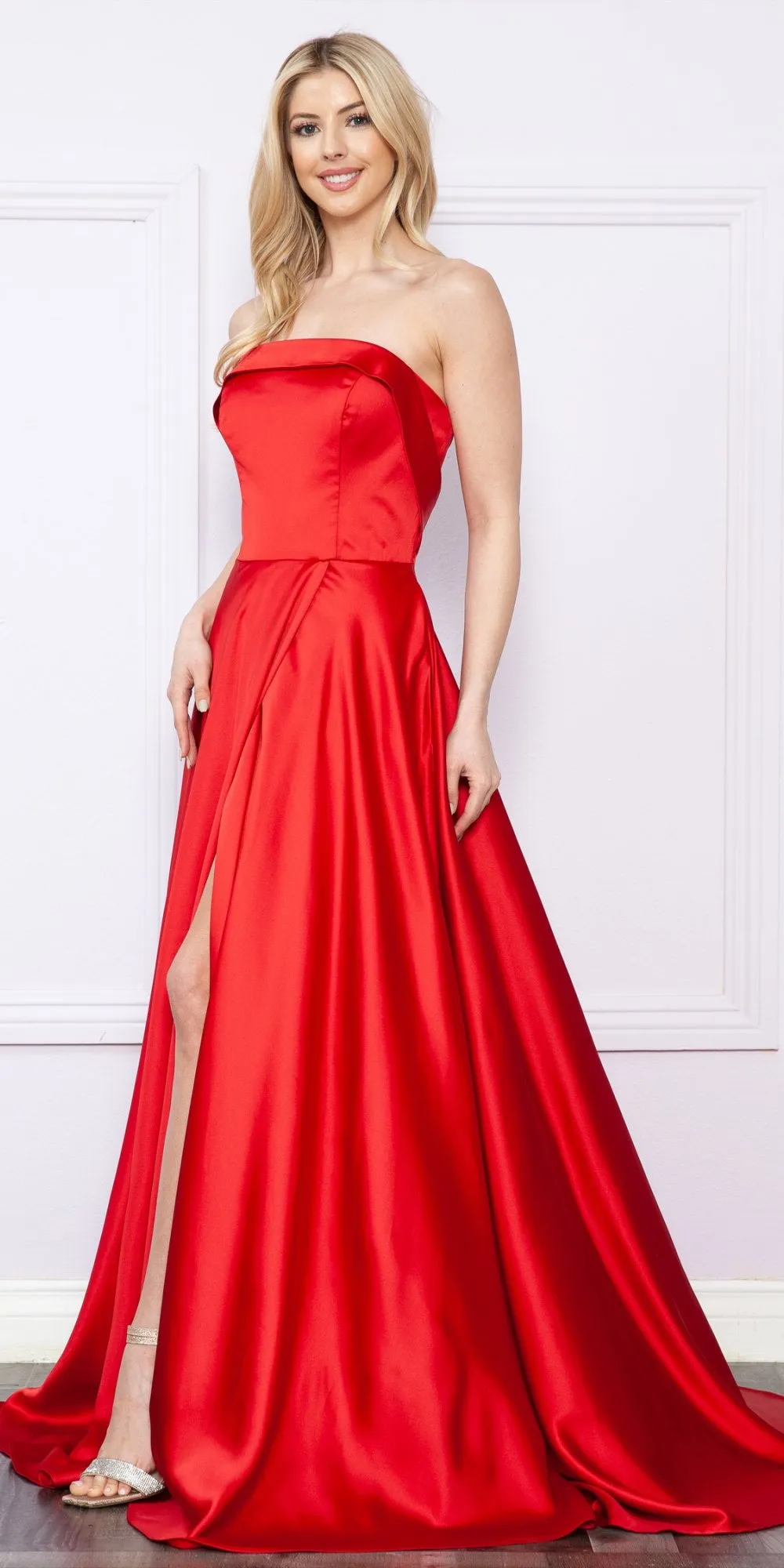 Poly USA 9188 Long Strapless A-Line Satin Gown with Pockets Corset Back