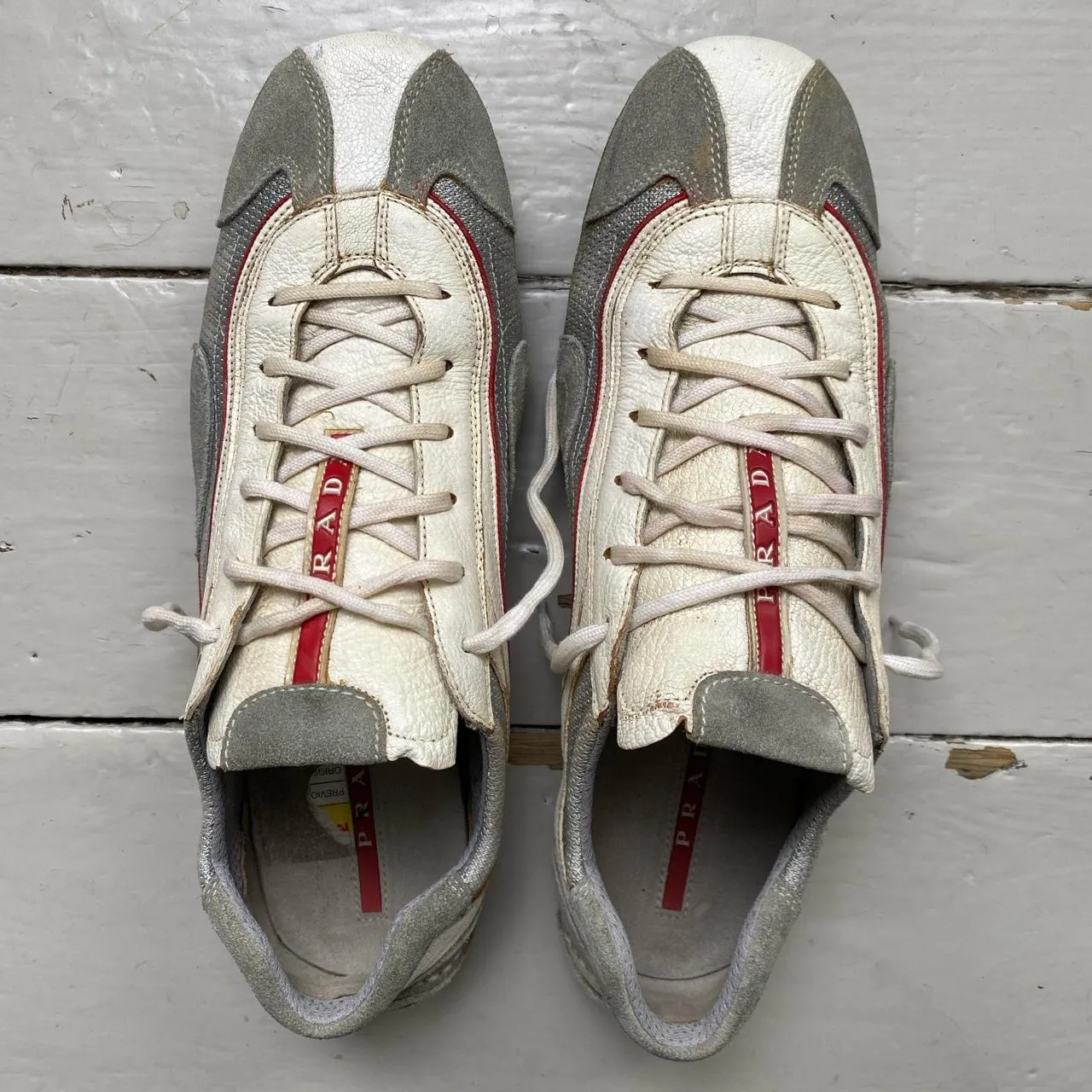 Prada Leather White Grey and Red Driving Loafer Shoes