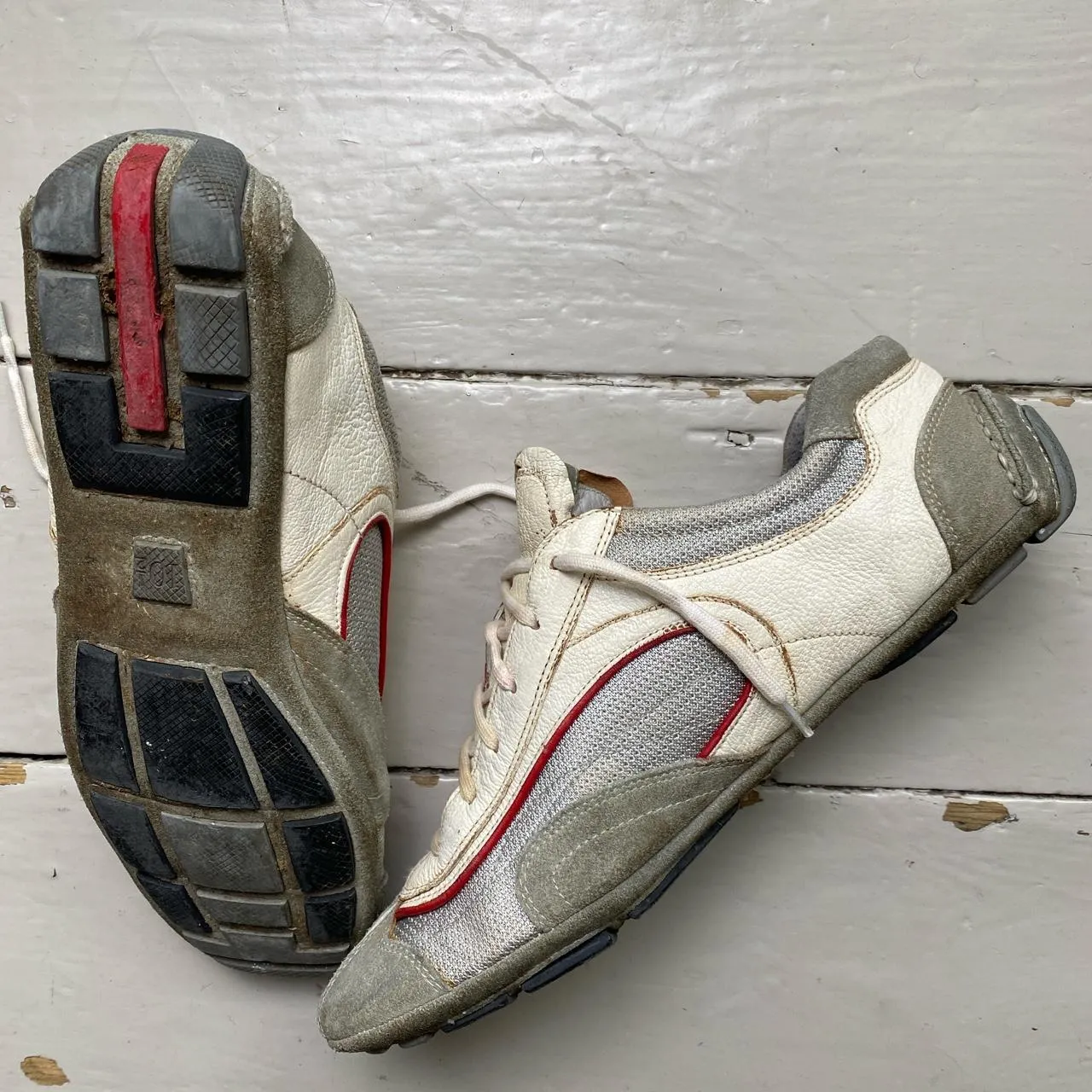 Prada Leather White Grey and Red Driving Loafer Shoes