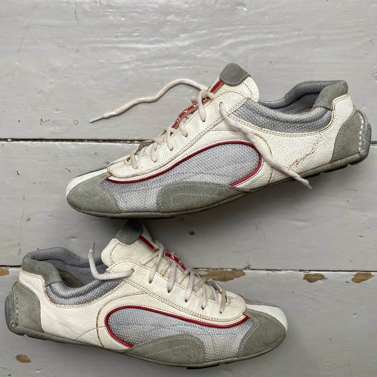 Prada Leather White Grey and Red Driving Loafer Shoes