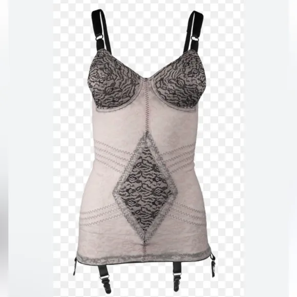 Rago Nude &amp; Black Floral Extra Firm Open Bottom Body Shaper W/Garters NWT 34D