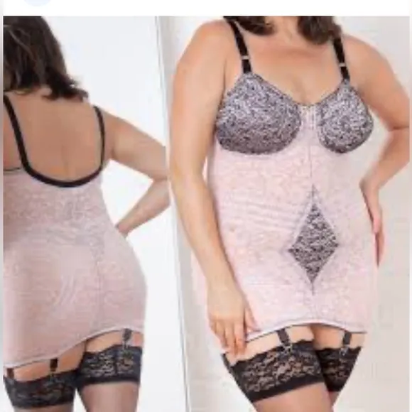Rago Nude &amp; Black Floral Extra Firm Open Bottom Body Shaper W/Garters NWT 34D