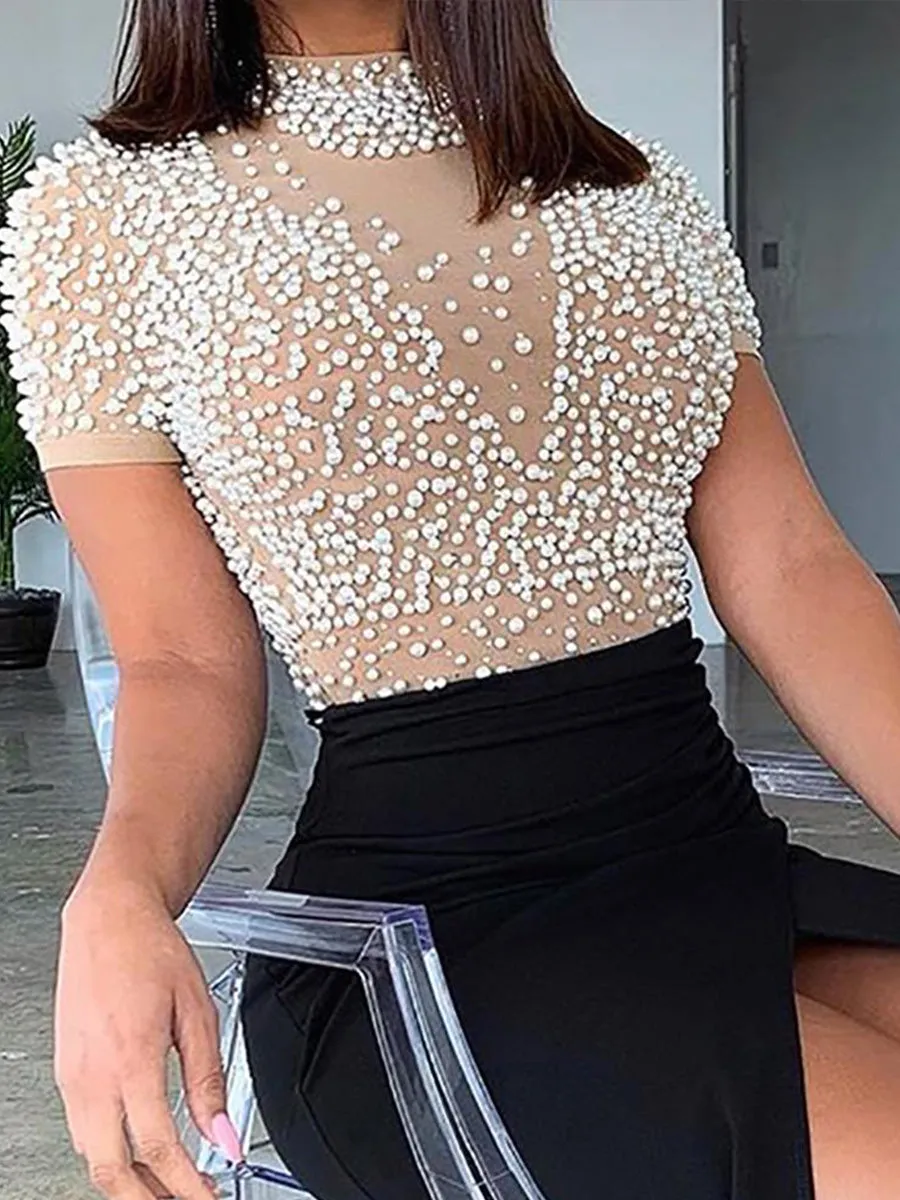 Sheer Mesh Beaded Slit Evening Dress
