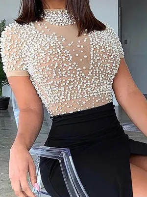 Sheer Mesh Beaded Slit Evening Dress