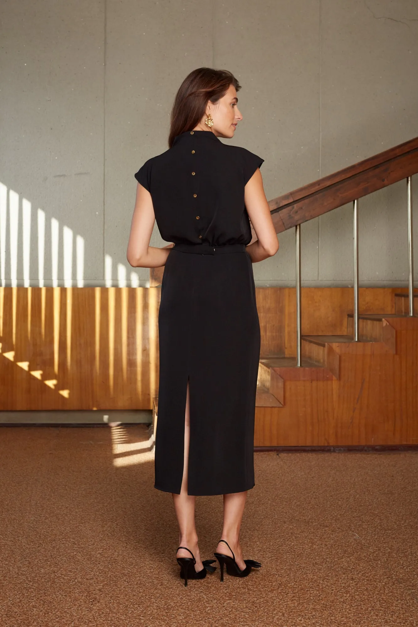 TESSA black short kimono sleeves elegant midi dress