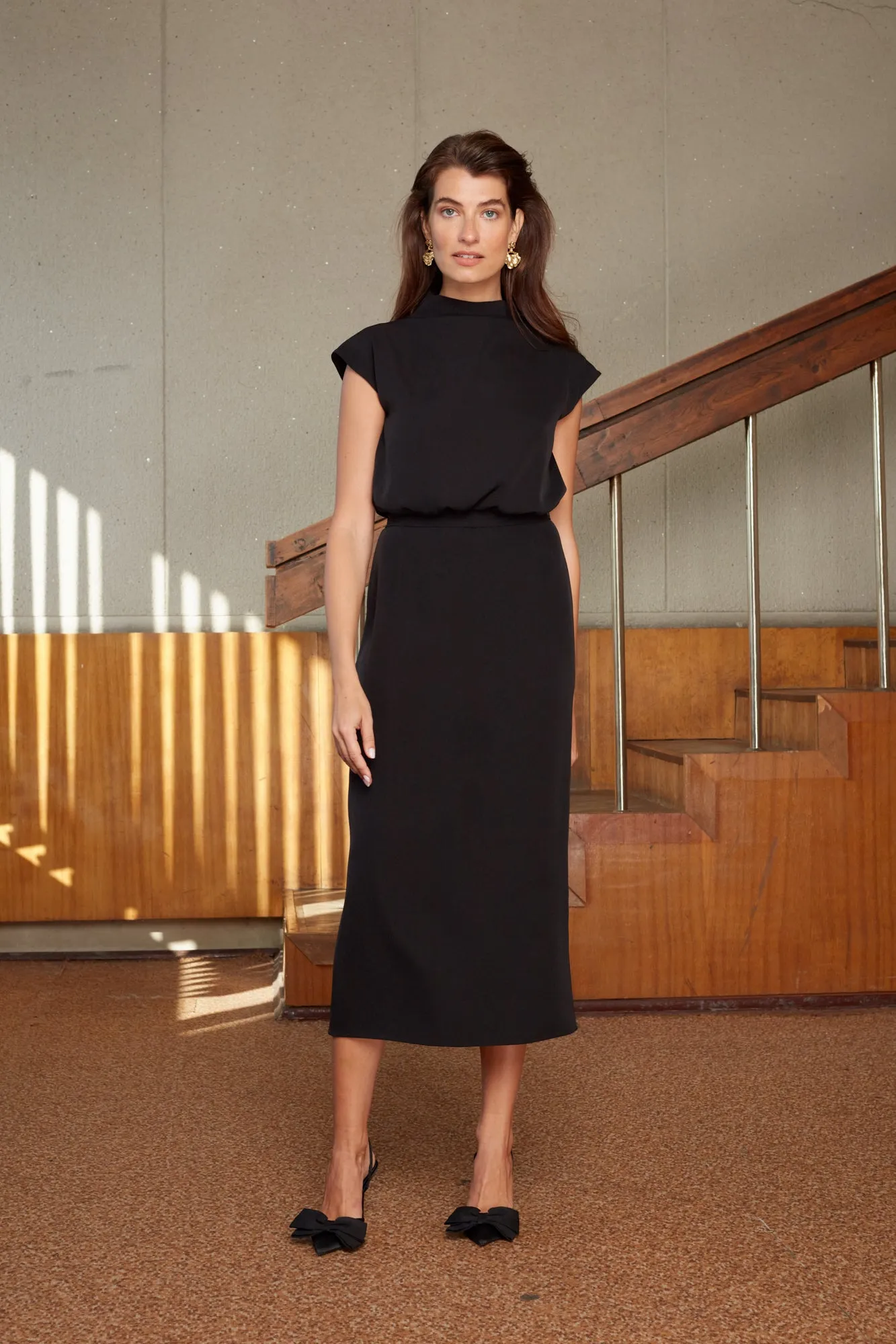 TESSA black short kimono sleeves elegant midi dress