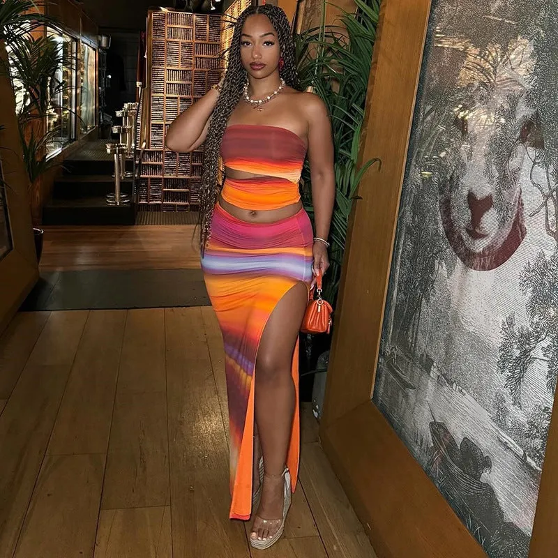 Vibrant Gradient Strapless Two-Piece Skirt Set for Sultry Summer Style