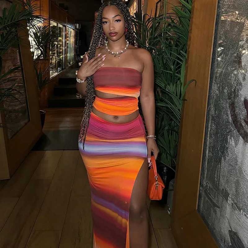 Vibrant Gradient Strapless Two-Piece Skirt Set for Sultry Summer Style