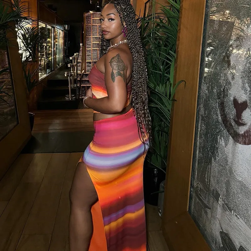 Vibrant Gradient Strapless Two-Piece Skirt Set for Sultry Summer Style
